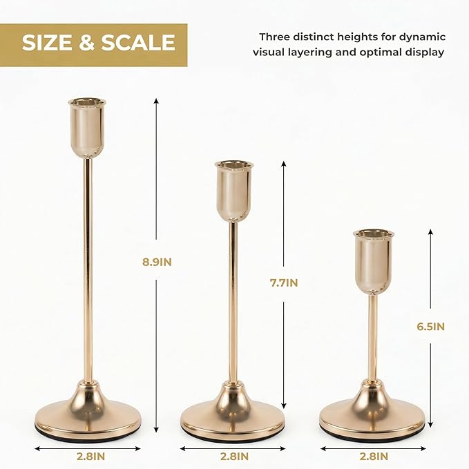 27 Pcs Gold Candlestick Holders Set - Vintage Brass Taper Candle Holder for Pillar Candles - Modern Decorative Centerpiece for Wedding Fireplace Mantel Decor - Cozy Atmosphere Housewarming Gift