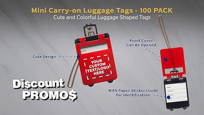 100 Mini Carry-on Luggage Tags Pack - Customizable Text, Logo - Flip Open Cover, ID Sticker - Red