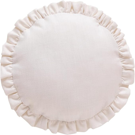 ISAENNE Classic White Round Throw Pillow Cover Diameter 16", Solid Color Cottage Linen Cotton Decoration Pillow Cover with Ruffles, Sturdy Throw Pillow Case for Couch Sofa Bed Living Room