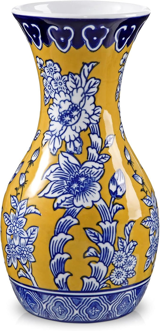 Blue and Yellow Ceramic Vase, 11" Tall Chinoiserie Vase in Wide Mouth, Royal-Inspired Vintage Flower Vases Decorative Vases for Home Decor, Table Centerpiece, Living Room, Dining Room, Entryways Decor