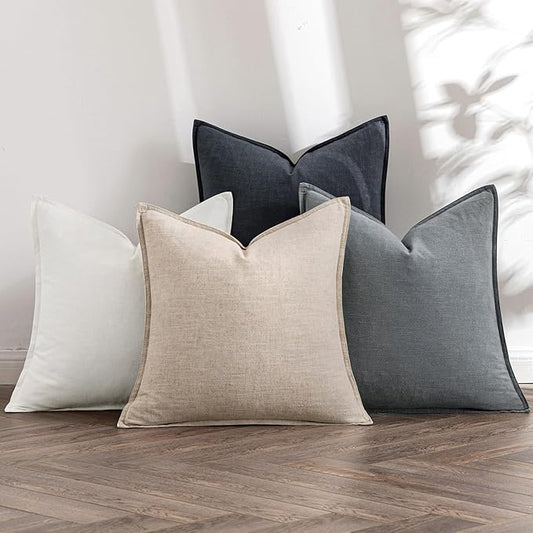 MIULEE Neutral Cream/Gray Linen Pillow Covers Pack of 4 Decorative Natural Solid Throw Pillow Covers Soft Accent Boho Farmhouse Couch Pillowcases Modern Home Decors for Living Room Bed Sofa 20x20 Inch