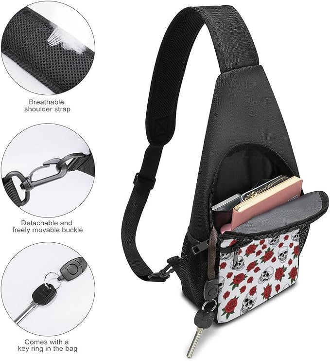 SWEET TANG Casual Sling Backpack Chest Shoulder Crossbody Backpacks, Unbalance Gym Funny Sack, Halloween Skull Rose Flower, Satchel Travel Bag Outdoor Hiking Daypack for Men Women