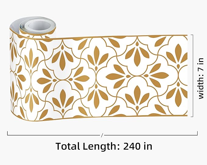 FLFK Wallpaper Border Gold and White Patterns Peel and Stick Wall Border Self Adhesive Wallpapers for Living Room Bedroom Kitchen Bathroom 7"x240"