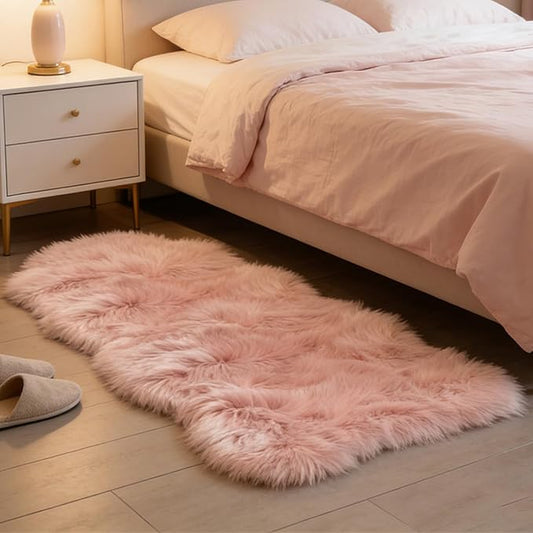 Pink Faux Fur Sheepskin Area Rug for Living Room Bedroom, 2 x 4 Feet Ultra Soft Shaggy Fuzzy Furry Carpet Chair Throw Rugs for Kids, Girls, Nursery Room Decor Dorms-Special Shape