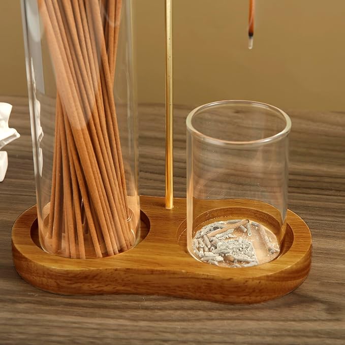 2 in 1 Incense Holder for Sticks, Anti-Ash Flying Incense Burne with Glass Ash Catcher and Incense Sticks Organizer for Meditation Yoga Spa Home Decor (Dark Base)