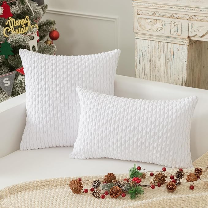 Kevin Textile Decorative Pillow Covers Soft Striped Velvet Throw Pillow Covers Set of 2 Cushion Cover for Chair 18 x 18 Inch Pure White