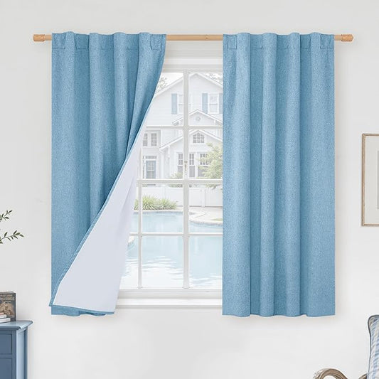 LAMIT Linen 100% Blackout Window Curtains for Bedroom, 45 Inches Linen Textured Thermal Farmhouse Curtains Back Tab and Rod Pocket Window Panels with White Liner, 2 Panels, 38 x 45 Inch, Blue