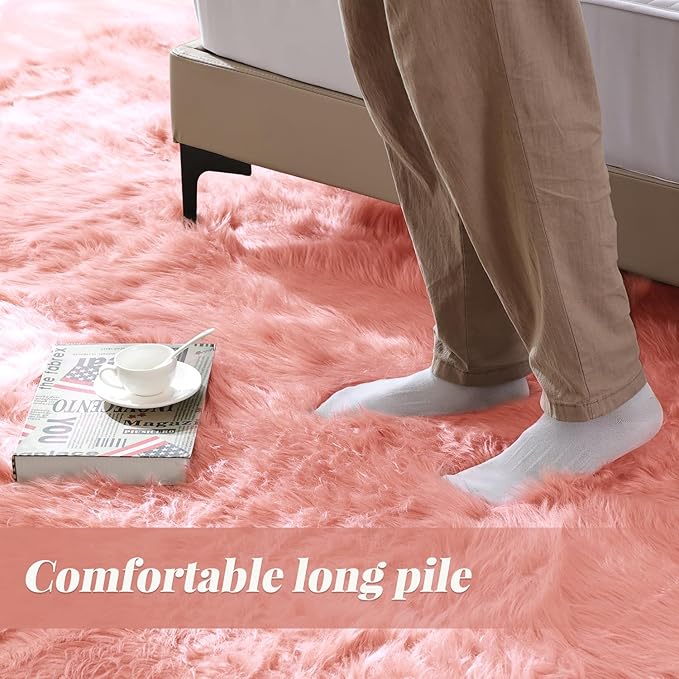 Pink Washable Fluffy Circle Rugs for Bedroom Small Faux Sheepskin Shag Fur Round Rugs 4ft Nursery Rug Cute Room