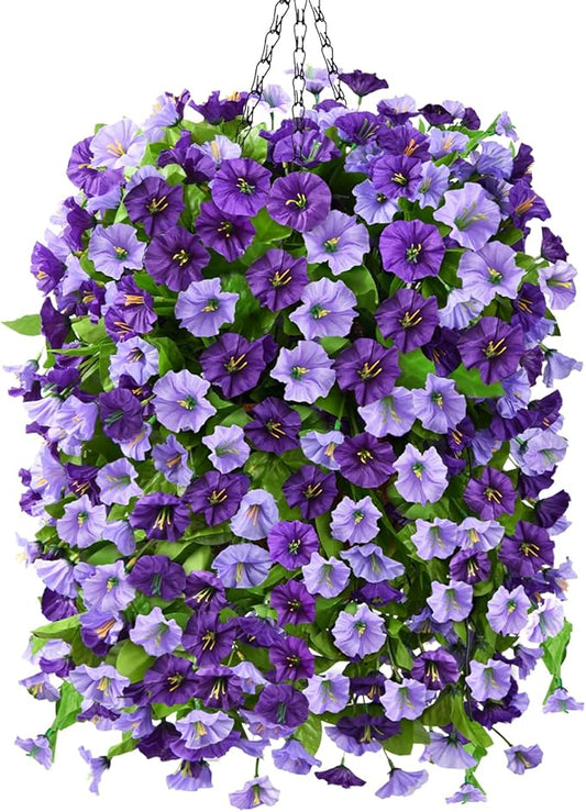 Homsunny Artificial Fake Hanging Flowers Plants Baskets for Outdoor Spring Summer Decorations,Faux Morning Glory Silk Flower for Outside UV Resistant Patio Yard Home Porch Decor(Purple)