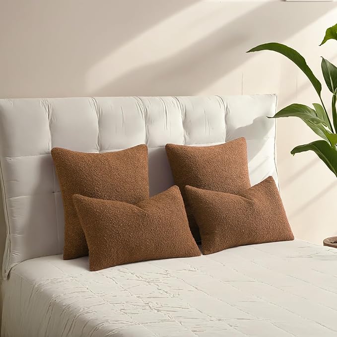 HAUSSY Set of 2 22x22 Decorative Throw Pillow Covers, Soft Cozy Textured Boucle Couch Cases, Home Decor for Couch Bed Living Room, Tobacco