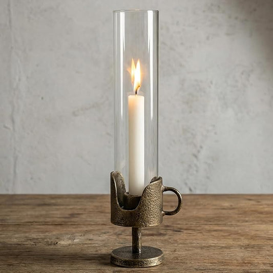 Handcrafted Cast Iron Base Hurricane Candle Holder with Glass Shade - Elegant Vintage Candle Stand for Taper Candles - Perfect for Living Room, Dining Room, and Home Décor 14“ High