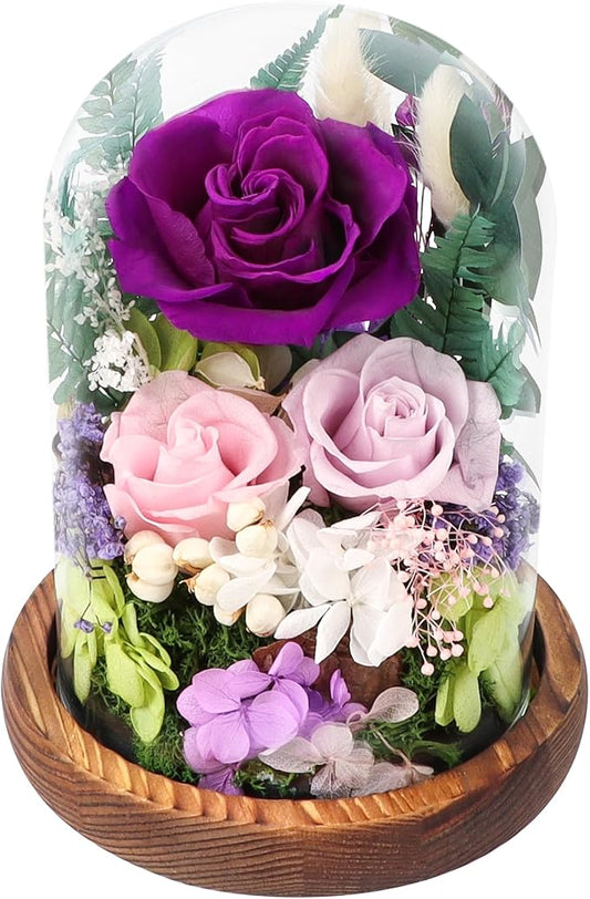 Preserved Flowers in Glass Dome, Forever Flower, Eternal Flowers, Birthday Gifts for Women, Gifts for Mom Girlfriend Her Friendship, Home Decor Living Room Bedroom (Mauve)