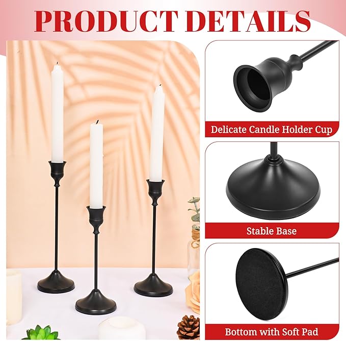 Candlestick Holders 6 PCS, Metal Taper Candle Holder, Matte Black Candle Holders for Pillar Candles, Vintage Dining Table Centerpiece Decorations for Wedding Party Christmas Halloween Decor