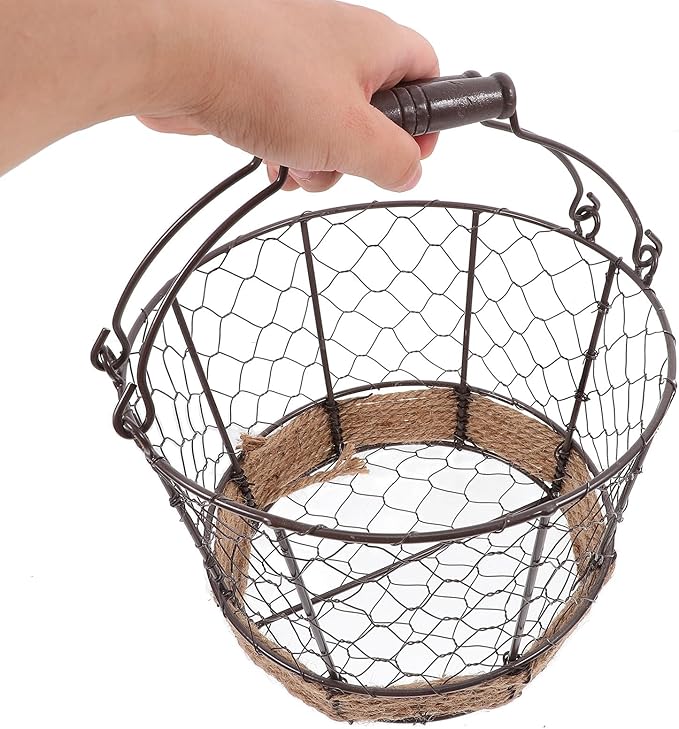 Homoyoyo Metal Wire Storage Basket Small round Iron Basket with Handle Vintage Wire Sundries Organizer for Kitchen and Home Storage