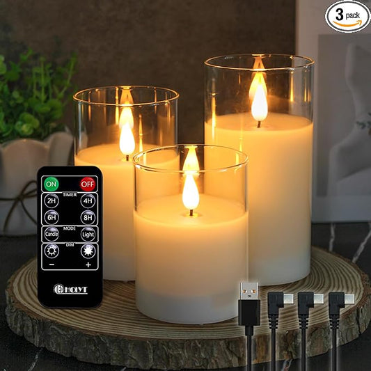 Rechargeable Flameless Glass Pillar Candles–Easter Flameless Candles Decorations,–Set of 3, Realistic Flickering LED Light,Remote & Timer, Ideal for Living Room, Bedroom & Easter Décor