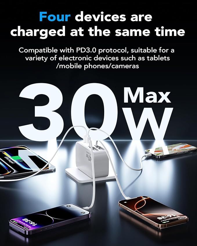 4-in-1 Retractable Gan Wall Charger Plug for iPhone 17 USB C,Travel Essentials Brick Multiport,3ft Lightening+ Type C Cables,40W Fast Charging Foldable Block for iPhone 17 Pro/16/15/14/13,iPad,Galaxy