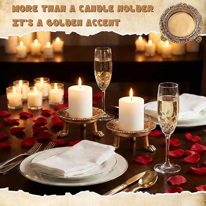 2 Pack Brass Color Candle Holder Pedestal Dish Stand Gold Vintage Tray Clawfoot Plate Decor for Jewelry Wax Ring Trinket