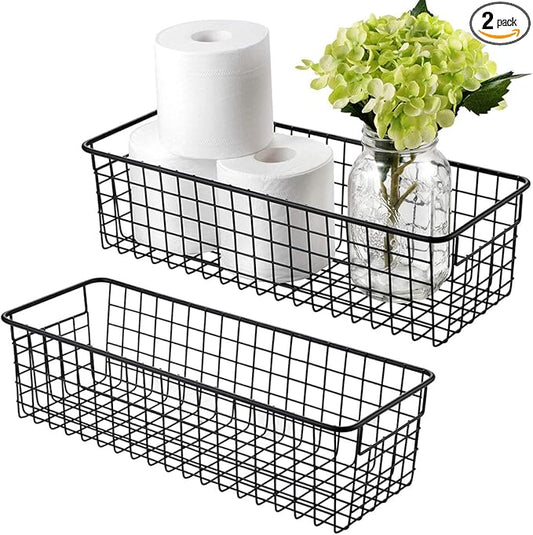 Sheechung Farmhouse Decor Metal Wire Storage Organizer Bin Basket(2 Pack) - Rustic Toilet Paper Holder - Storage Organizer for Bathroom, kitchen cabinets,Pantry, Laundry Room, Closets, Garage (Black)