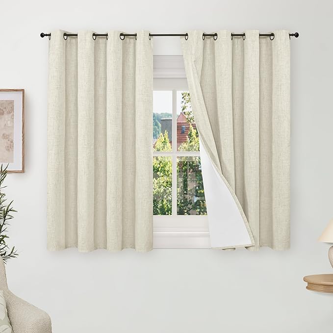 Lajode Blackout Curtains 54 Inch Length 2 Panels for Bedroom, Thermal Insulated Total Light Blocking Noise Reducing Linen Window Curtains for Farmhouse, Bronze Grommet, Natural, Each 52" Wide