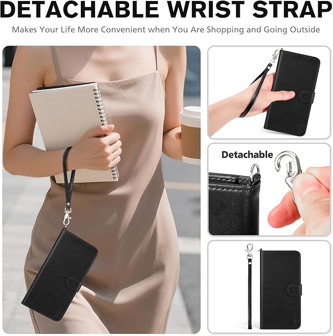 TUCCH Wallet Case for iPhone Air (6.5") 2025, Wrist Strap RFID Blocking 4 Card Slots, Kickstand, Shockproof TPU Shell, PU Leather, Magnetic Closure, Protective Flip Folio Cover, Black