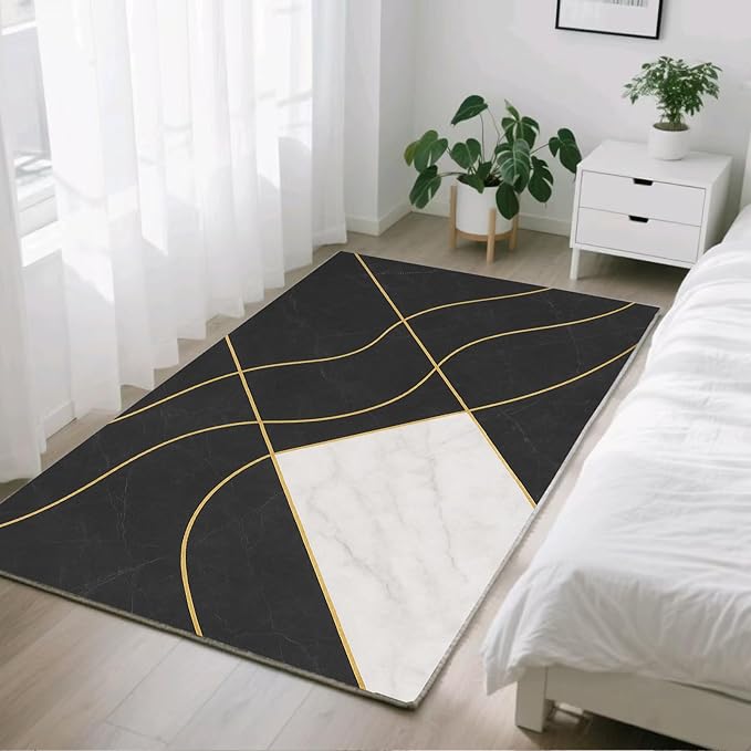 Geometric Marble Rug - 5x8 Area Rug, Abstract Lines Rugs, Luxury Marble Outdoor Rugs, Washable & Non Slip Carpet Home Decor
