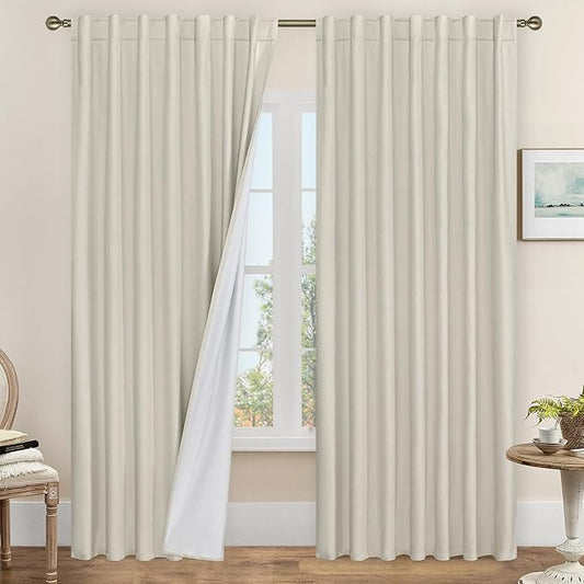LAMIT Stone 100% Blackout Linen Curtains, 84 Inch Linen Textured Living Room Bedroom Drapes Room Darkening Back Tab and Rod Pocket Neutral Panels with White Liner, 2 Panels, 60 x 84 Inch