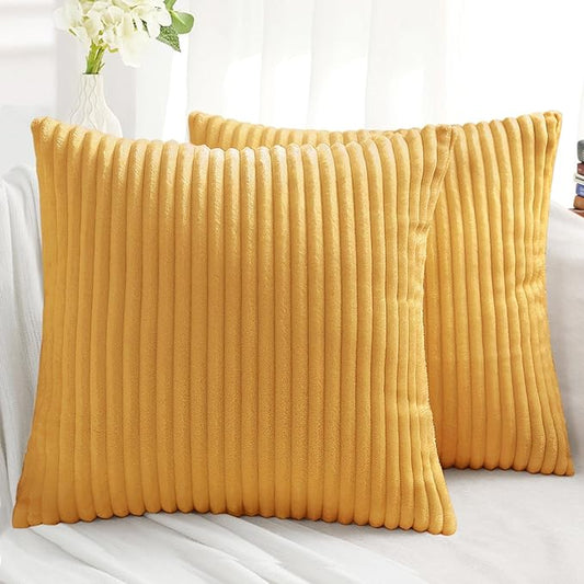 Simmore Decorative Spring Throw Pillow Covers 18x18 Set of 2, Soft Natural Plush Flannel Double-Sided Fluffy Couch Pillow Covers for Sofa Living Room, Mustard Yellow