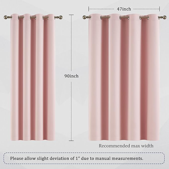 DUALIFE Blackout Curtains Baby Pink 90 Inch Length - Bedroom Black Out Drapery Room Darkening for Nursery Thermal Insulated Grommet Curtain Panel Pair 52 x 90 Inches Long, 2 Panels