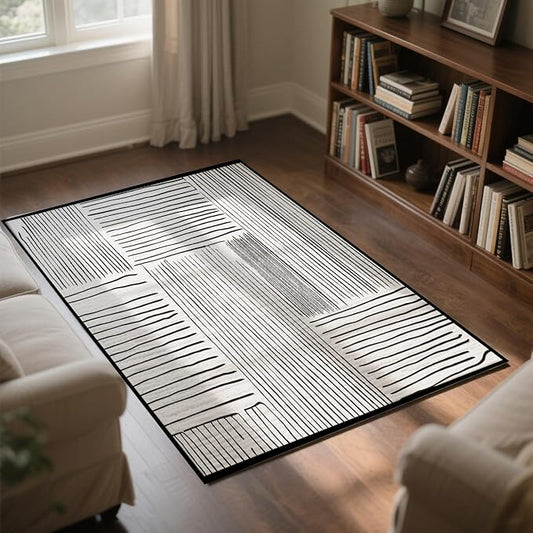 Area Rug 3.3x5 Feet Abstract Lines, Non-Slip Comfort Floor Mat Washable Rug Modern High Traffic Durable for Living Room, Bedroom, Home Office (Black White)