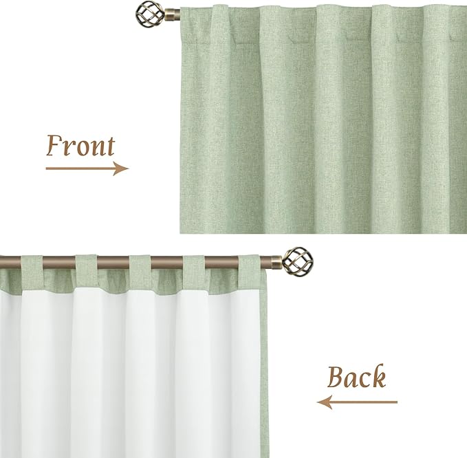 LAMIT Natural 100% Blackout Linen Curtains, 54 Inches Linen Textured Thermal Bedroom Curtains Back Tab and Rod Pocket Neutral Panels with White Liner for Farmhouse, 2 Panels, 42 x 54 Inch, Light Green
