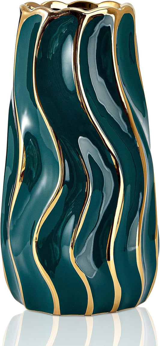Ceramic Vase, Green Vase for Home Decor,Decorative Flower Vase, Vertical Stripe Ceramic Vases for Home Décor, Bedroom, Office, Living Room, Bathroom, Tabletop Decor, Centerpiece (Green)