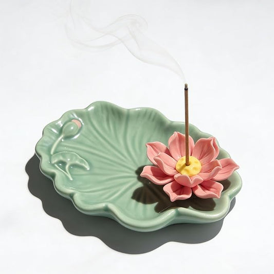 Lotus and Leaf Incense Stick Holder with Hole, Green Porcelain Incense Tray Ash Catcher for Spa, Meditation Room, Yoga, Home, Office, Ash Tray, Jewelry Tray