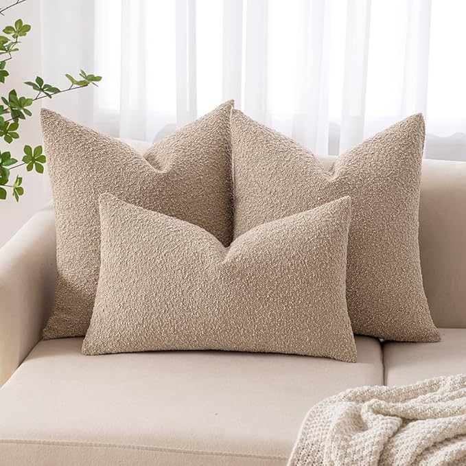 MIULEE 18x18 Inch Decorative Pillow Covers for Couch Bed Set of 2 Textured Boucle Neutral Winter Throw Pillows Khaki Accent Solid Cushion Pillowcases Sofa Livingroom Home Decor