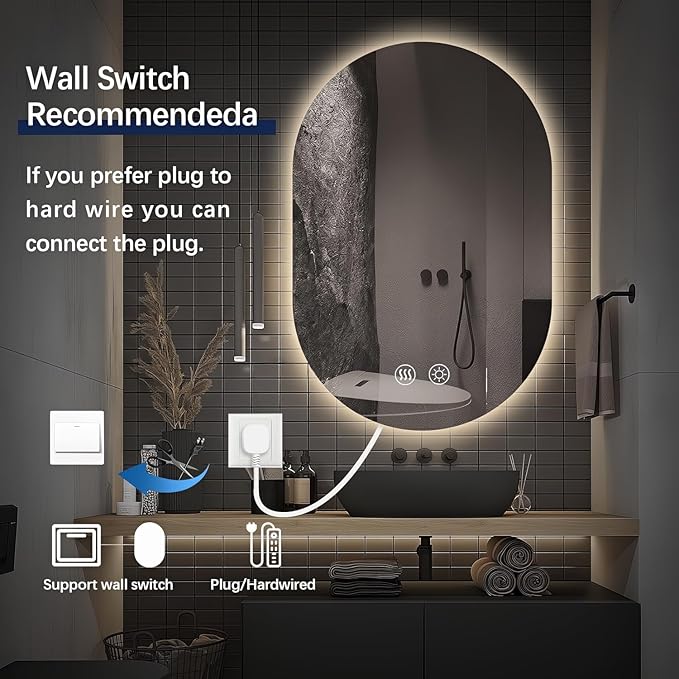 Niccy Oval LED Bathroom Vanity Mirror, 55x28inch Frameless Backlit Mirror with Light, Smart Anti-Fog Waterproof Mirror with Memory Function Dimmable Lighted Mirror