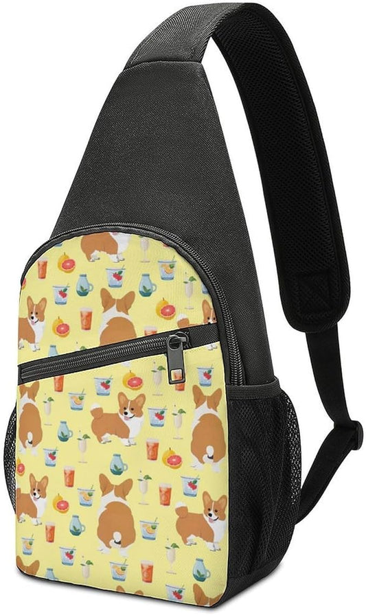 SWEET TANG Polyester Shoulder Sling Bag Multipurpose Casual Sport Daypack Unbalance Backpack with Small Pocket and Smooth Zipper, Shiba Inu Yellow Print Dog And Beverage