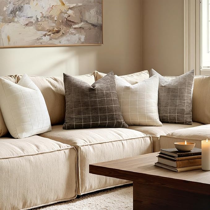 MIULEE Decorative Chenille Check Euro Shams Throw Pillow Covers Vintage Plaid Couch Pillows 26x26 Inch Set of 2 Neutral Boho Farmhouse Cushion Covers Spring Decor for Sofa Bed Living Room Beige