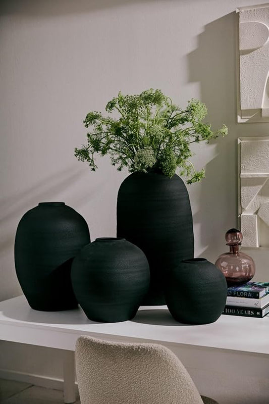 Crystal Modern Vase, Textured Round Belly Concrete Vase in Black or White, Available in Medium and Large Sizes, Decorative Accent for Floral Arrangements and Home Décor (Black, Large)
