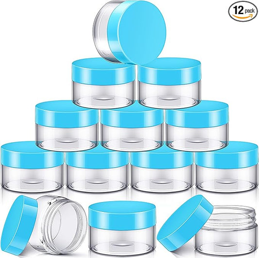 SATINIOR 12 Pack Plastic Container Jars with Lids Round Clear Travel Cosmetic Container Jars for Toiletries, Lotion, Cream, Ointments, Makeup, Rhinestone, Samples, Kitchen Storage(2 oz,Blue)
