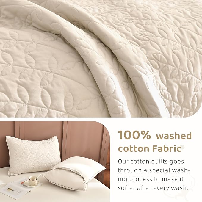 Sanracie California King Quilt Set 128"x 120", Wheat Colored 100% Cotton Oversized King Bedspread Coverlet Set Leaves Quilting 3Pcs Extra Large Wide Quilt Bedding Set for All Season Lightweight Soft
