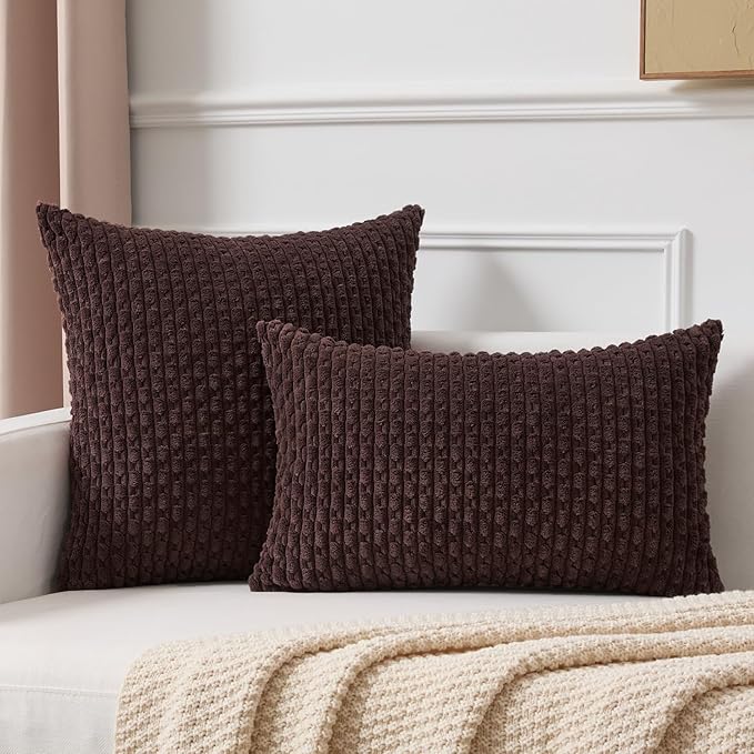 Kevin Textile Decorative Pillow Covers Set of 2 Striped Plush Corduroy Pillows Pillowcases Boho Home Decor Cushion Covers for Couch Sofa Bed Living Room 20x20 Inch, Coffee