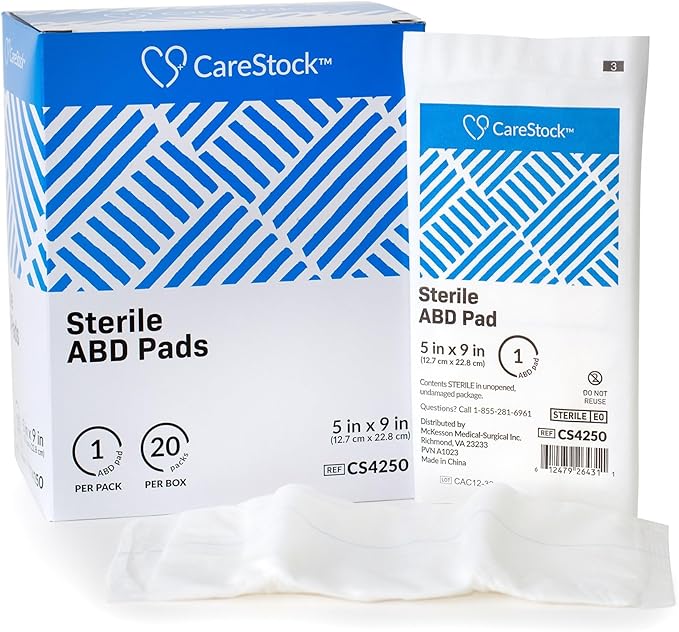 CareStock Abdominal Pads 5x9 in [20-Pack] Sterile ABD Pads, Extra Absorbent, Individually Wrapped, Wound Care First Aid