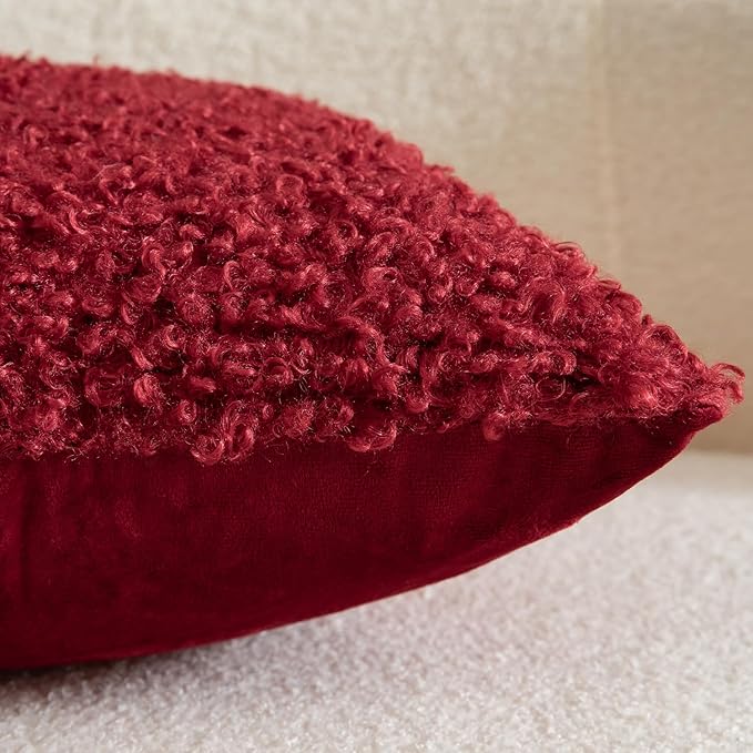 Yaertun Pack of 2 Faux Fur Throw Pillow Covers Decorative Sherpa Boucle Pillow Covers Fuzzy Soft Pillowcases Sheepskin Fleece Cushion Case for Couch Sofa Bed Living Room 26x26 Inch Burgundy