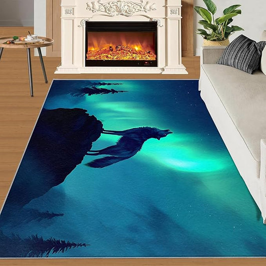 Wolf 5x6 Area Rugs for Living Room -Forest Washable Rug Aurora Non-Slip Carpet Indoor Floor Stain Resistant Thin Carpets for Bedroom Dining Room Home Office