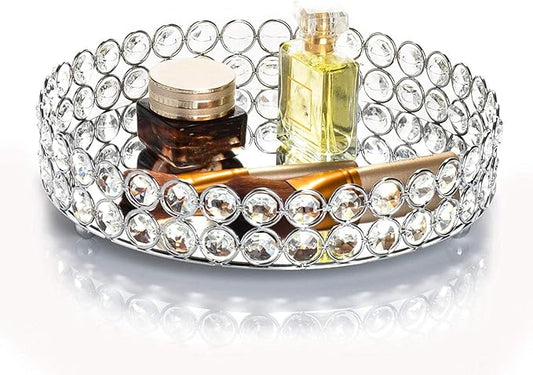 Feyarl Crystal Perfume Tray Cosmetic Makeup Vanity Tray Jewelry Trinket Organizer Mirrored Decorative Tray for Home Deco Christmas Birthday Gift(Round 10" inch) (Silver)