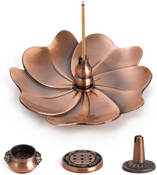 Sakura Flower Incense Holder, 5Pcs Red Bronze Incense Burner Holder with Silk Pouch, Bowl-Shape, Lotus Multi-Holes, Cone Shape and Gourd-Shape for Yoga Living Room Bedroom Home Fragrance