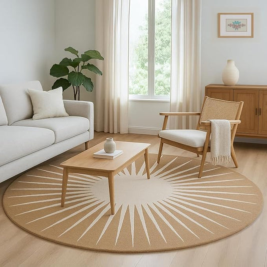 Modern Round Area Rug – Hand-Tufted with 100% NZ Wool, Thick & Soft Circular Carpet for Living Room, Bedroom & Dining Room Decor (Warm Natural, 7' Round)