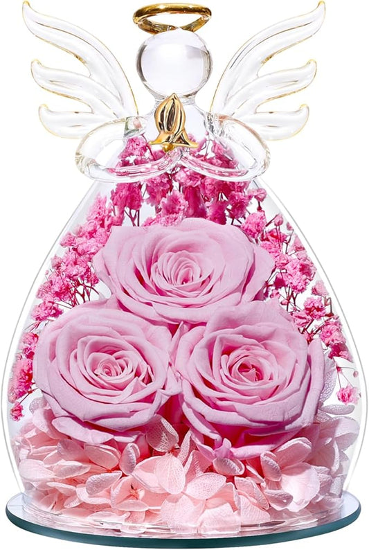 Beferr Valentines Day Rose Gifts for Her Women Mom Gifts for Birthday, Fresh Flowers for Delivery Forever Preserved Rose in Glass Angel Figurine, for Grandma Wife Kids Daughter