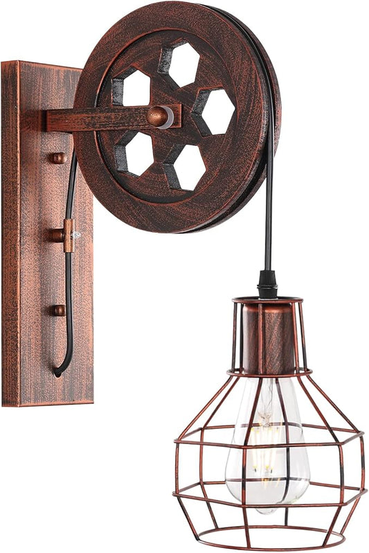 Industrial Wall Sconce 1-Light Rustic Mid Century Wall Light with Matte Iron Cage Lampshade for Indoor Lighting Barn Restaurant Wine Cellar(Rust Color)
