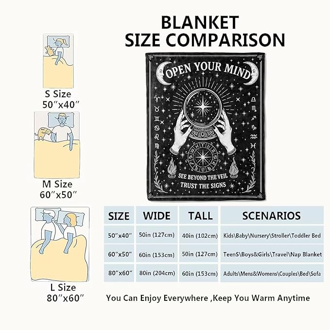 Black White Tarot Zodiac Signs Blanket Halloween Holiday Decor Occult Throw Gifts for Adults Lightweight Soft Fleece Divination Crystal Ball Blankets for Sofa Couch Witchy Decoration 50x60in