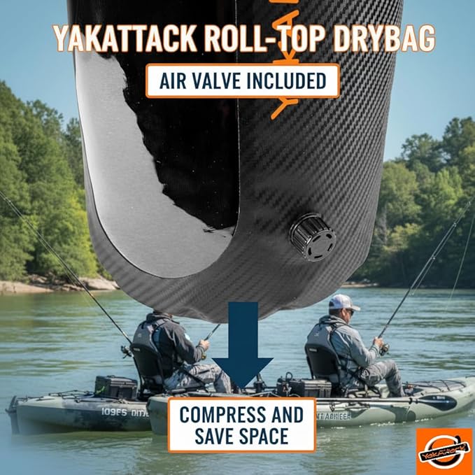 YakAttack 30L Roll-Top Drybag with Air Valve - Black Carbon | Heavy Duty Waterproof Dry Bag for Kayaking, Boating, Camping & Paddleboarding | Large Marine Drybag for Gear Protection & Storage